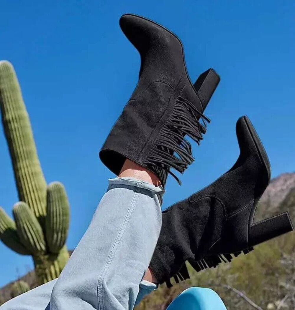 New Free People Wild Rose Black Suede Fringe Western Slouch Boots 9.5 EU 46 - Picture 1 of 6